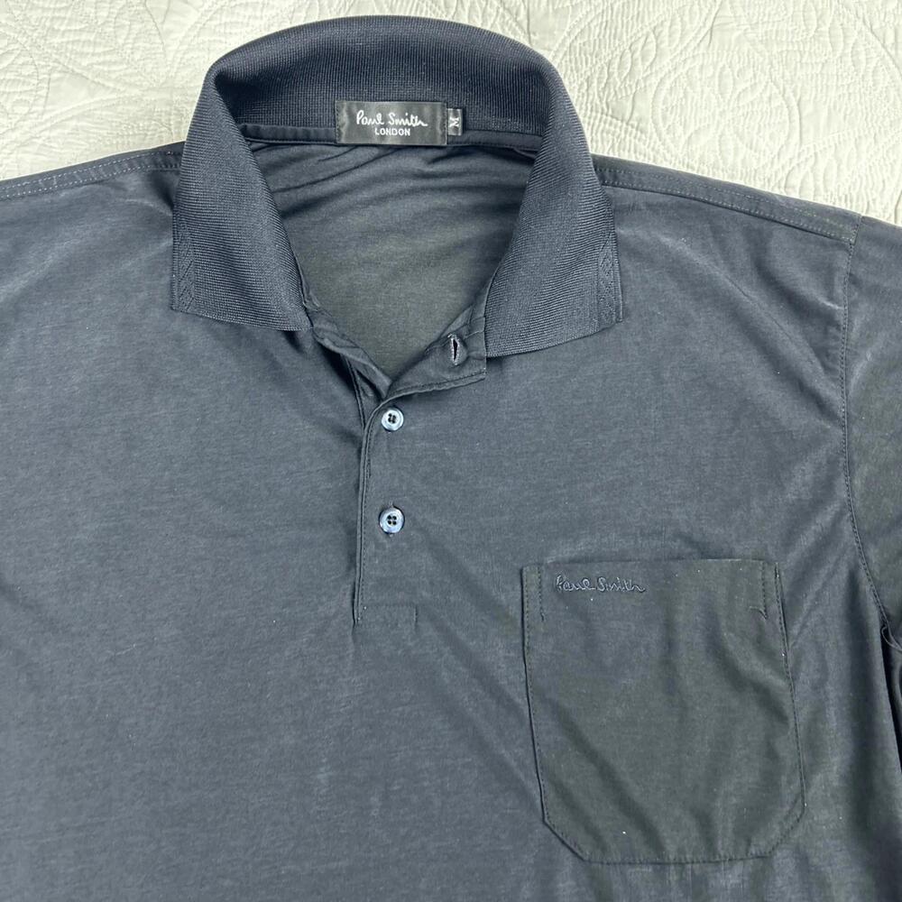 Paul Smith 100% Silk Short Sleeve Polo Short Mens Size Medium  Black Pocket Logo